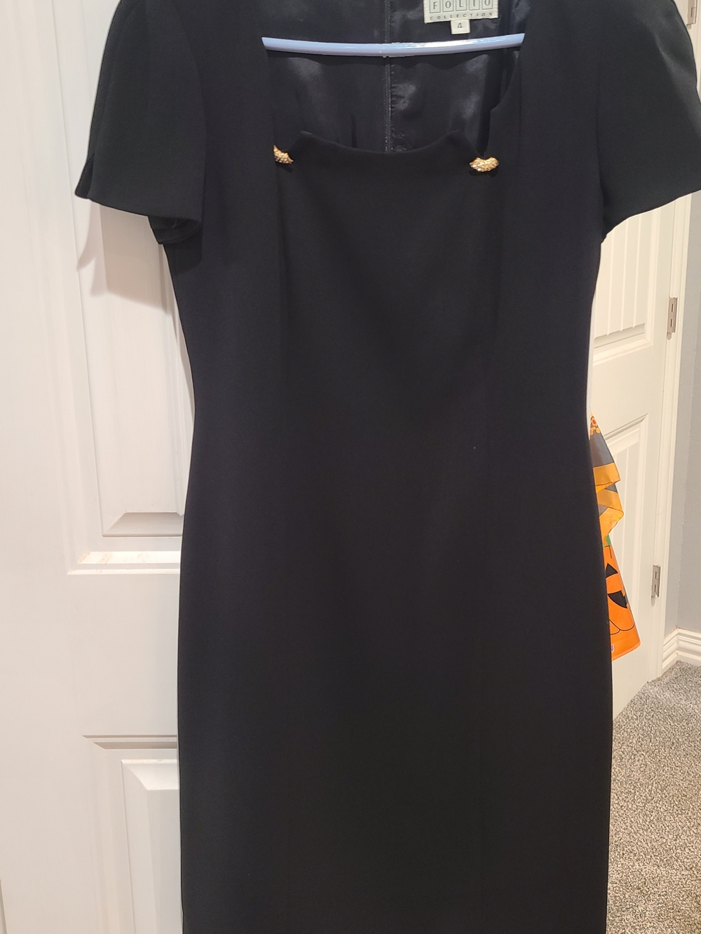 Vintage Saks Fifth Avenue Black Midi Sheath Dress with Gold Accents